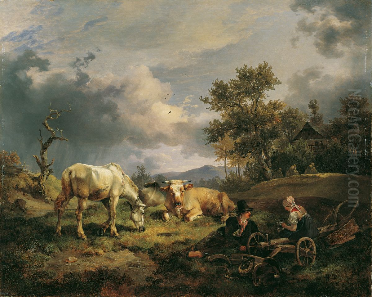 Cow shepherds resting in the meadow next to their cows Oil Painting by Friedrich Gauermann