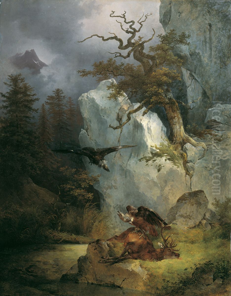 Ein Geier auf verendetem Hirsch Oil Painting by Friedrich Gauermann