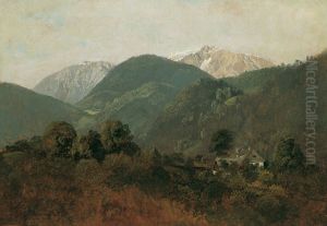 Blick von Scheuchenstein zum Gauermannhof mit Schneeberg im Hintergrund