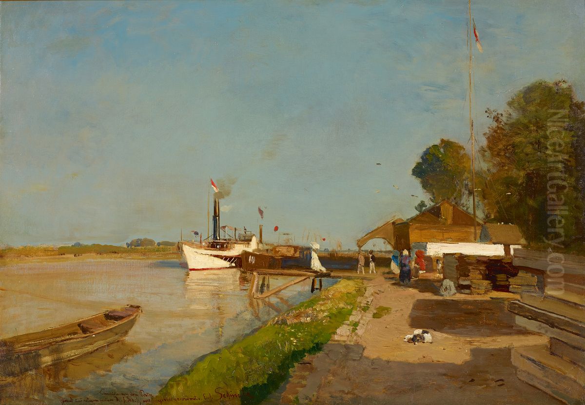 Die Dampfschiffstation an der Donau gegenuber Kaisermuhlen Oil Painting by Emil Jakob Schindler