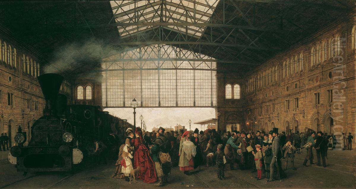 Arrival of a train at Vienna northwest-station Oil Painting by Karl Karger