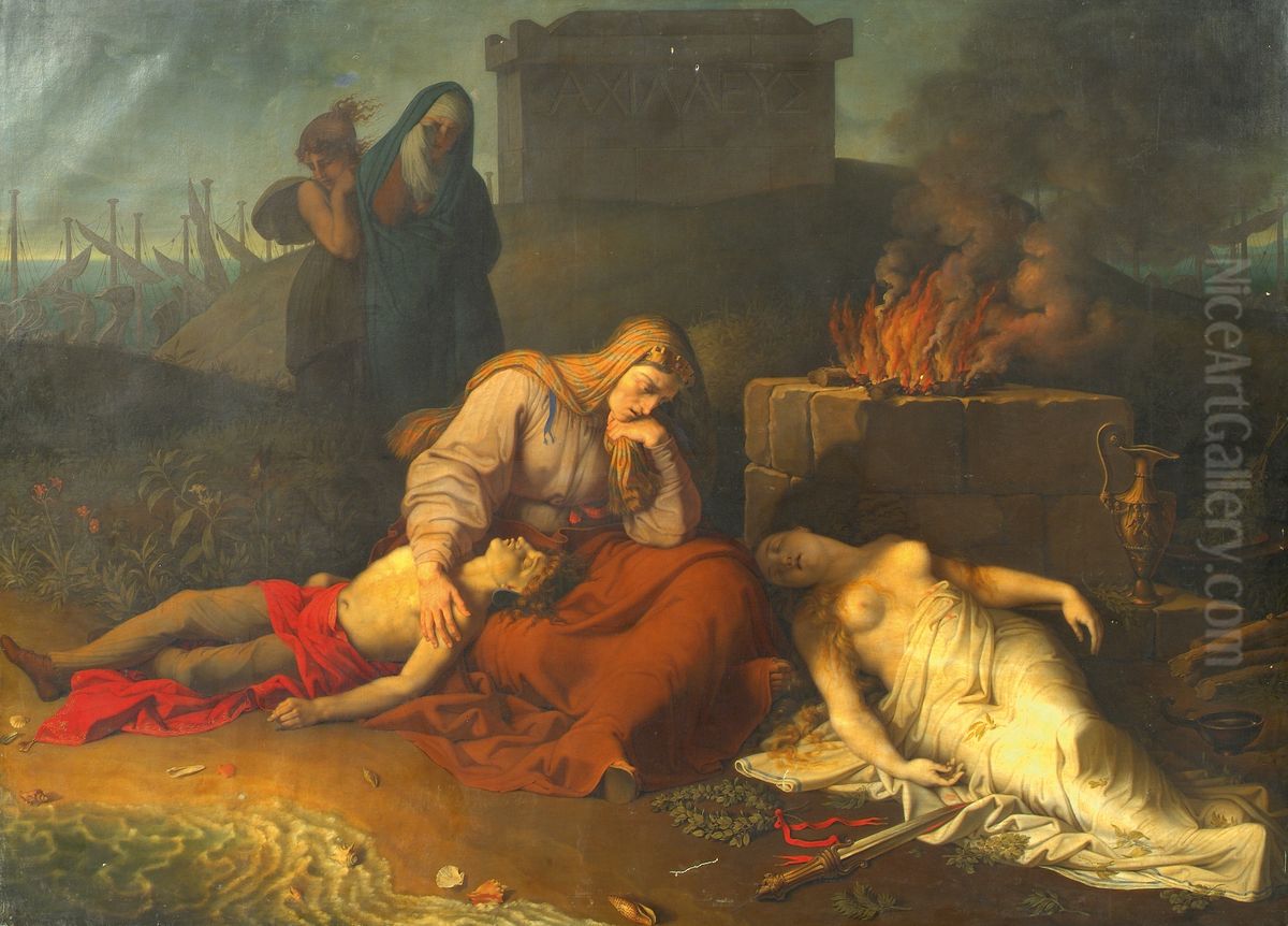 Hecabe mit den Leichnamen ihrer Kinder Polyxena und Polydoros am Grab des Achill Oil Painting by Karl Russ