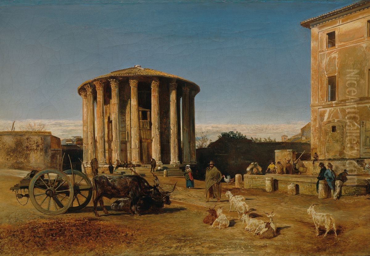 The Temple of Vesta in Rome (Now is correcly called as 'Temple of Hercules Victor') Oil Painting by Rudolf von Alt
