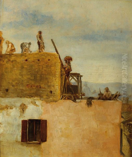 Arbeiter an einem Hausbau Oil Painting by Max Klinger
