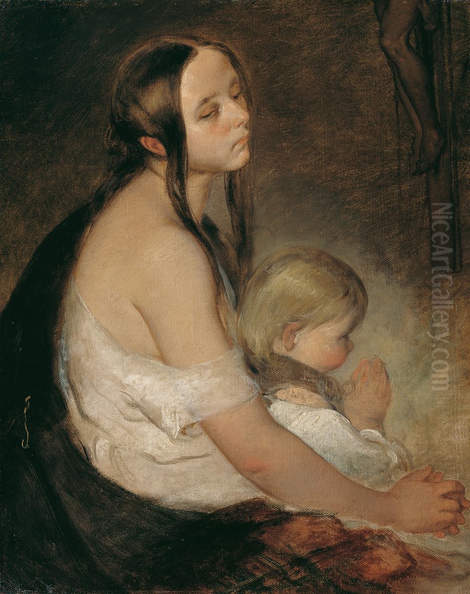 Mutter mit Kind unter dem Kruzifix Oil Painting by Peter Fendi