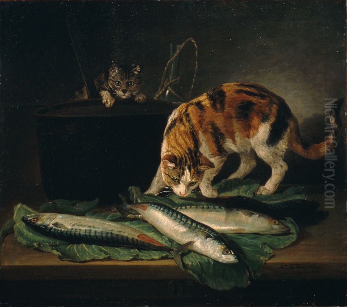 Katzen und Fische Oil Painting by Martin Ferdinand Quadal