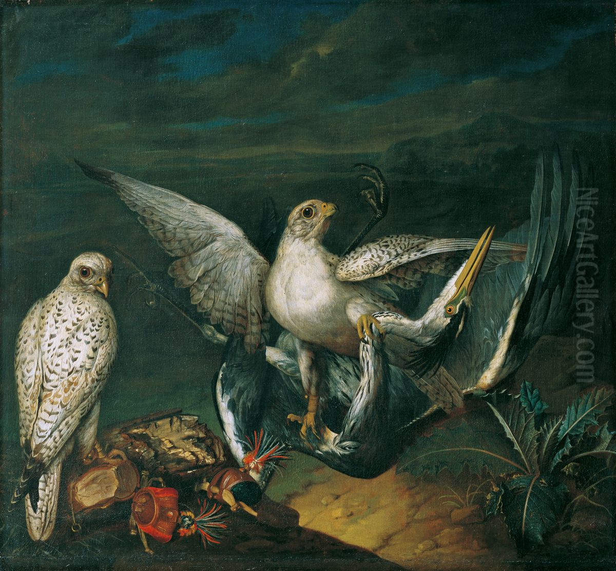 Bird piece, with four different vultures Oil Painting by Philipp Ferdinand de Hamilton