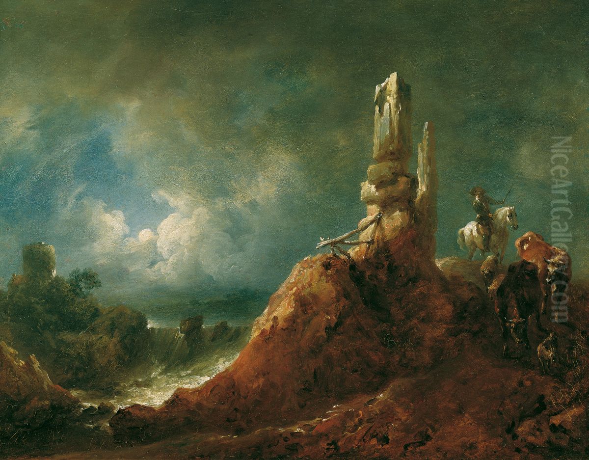Landscape with ruin and rider in the moonlight Oil Painting by Johann Christian Brand