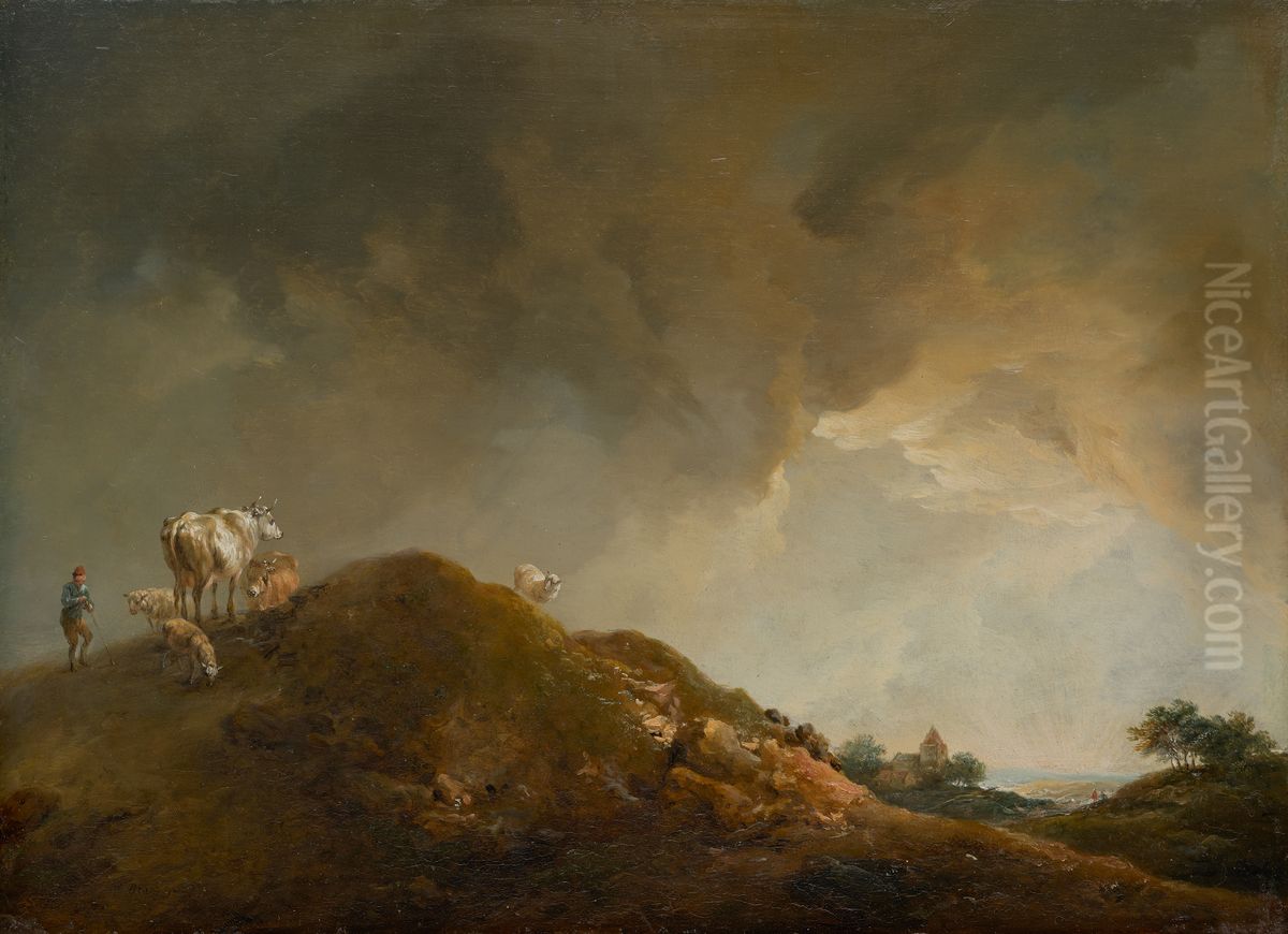 Hugellandschaft mit Kuhen und Schafen Oil Painting by Johann Christian Brand