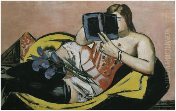 Reclining woman with book and irises Oil Painting by Max Beckmann
