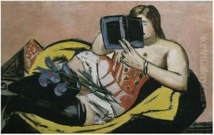 Reclining woman with book and irises