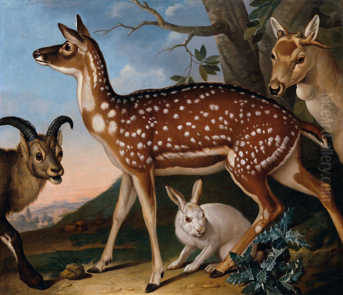 Damwild, Steinbock und Hase Oil Painting by Philipp Ferdinand de Hamilton