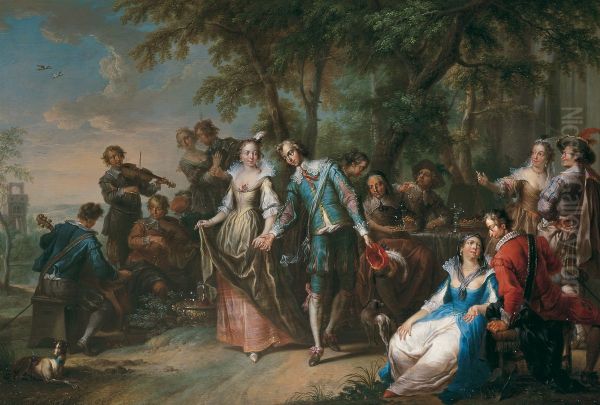 Elegant company dancing and drinking at the edge of a forest Oil Painting by Frans Christoph Janneck