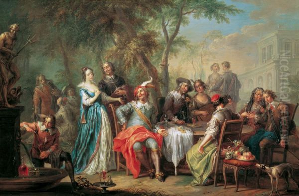 Elegant company supping in a park Oil Painting by Frans Christoph Janneck