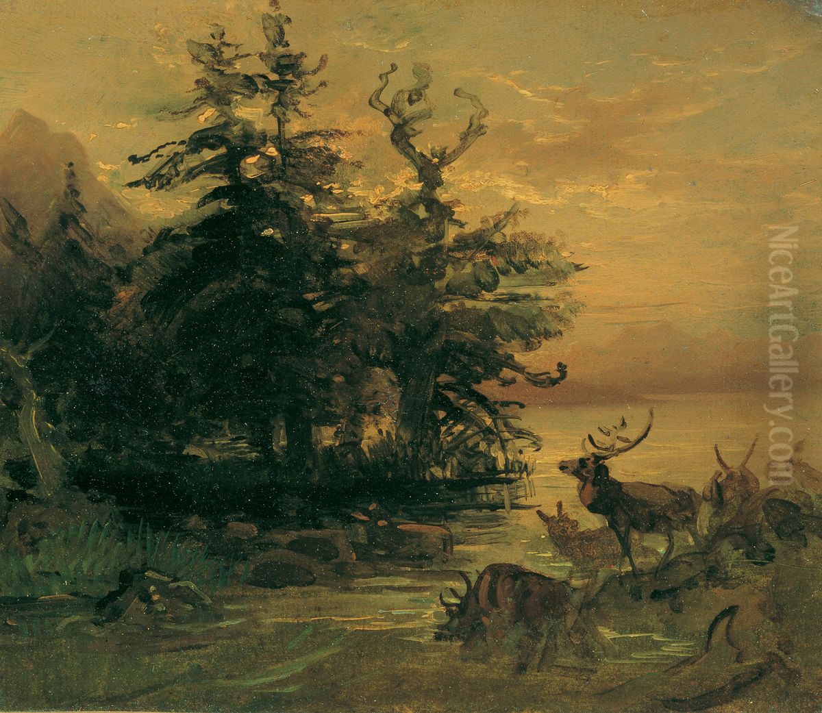 Suhlende Hirsche am Ufer eines Bergsees Oil Painting by Friedrich Gauermann
