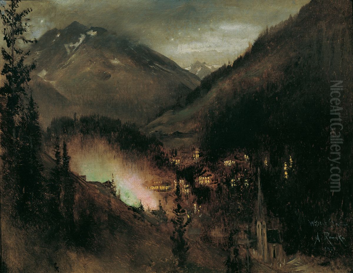 Wildbad Gastein in the evening (with Bengal lights) Oil Painting by Anton Romako