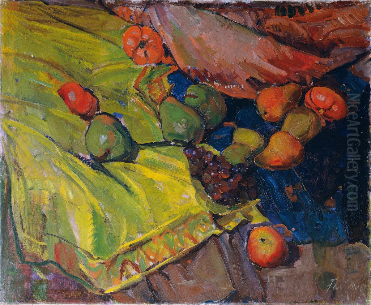 Still-life with fruits on green cloth Oil Painting by Anton Faistauer