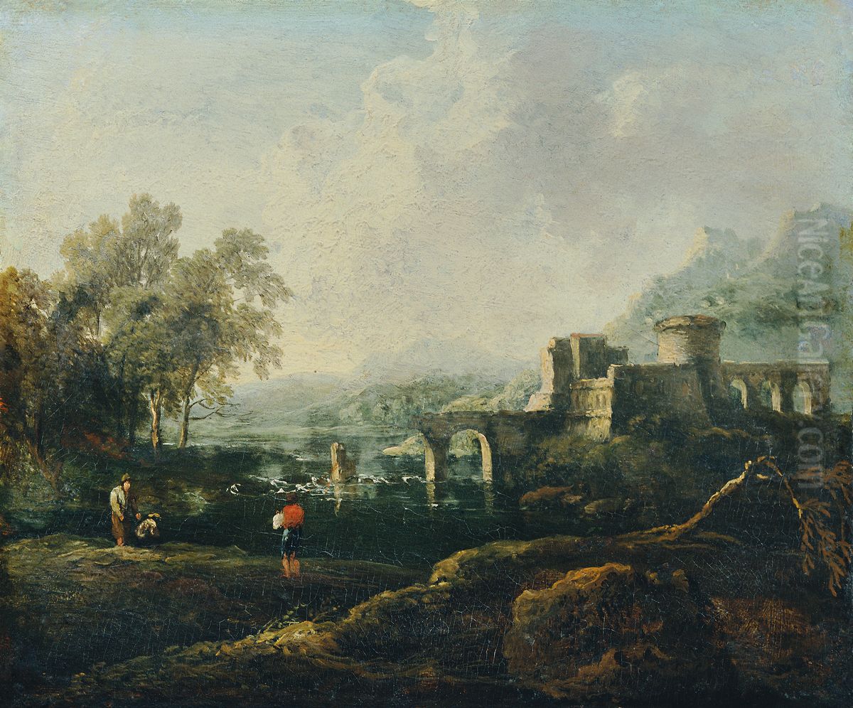 Ideale Landschaft mit Fluss und Bruckenruine (Der Morgen) Oil Painting by Johann Christian Brand