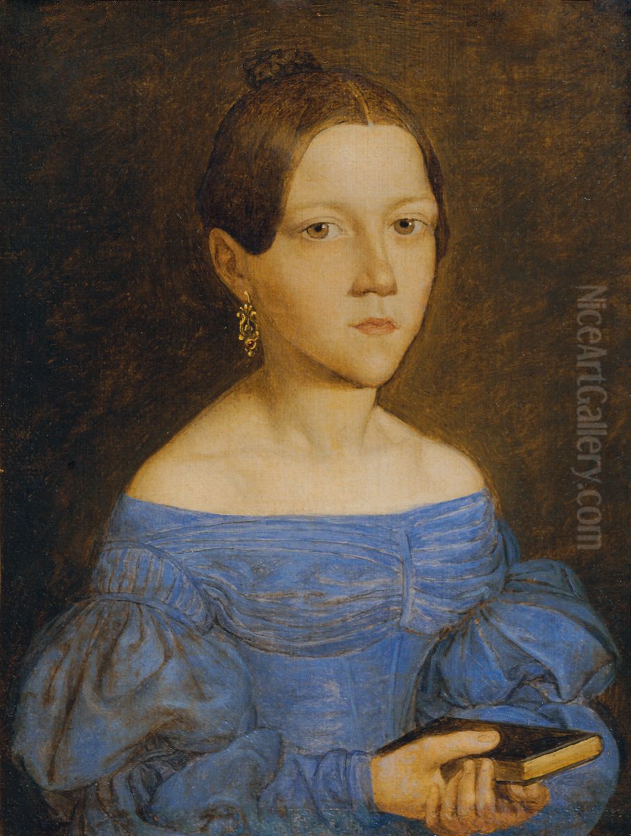 Brustbild eines jungen Madchens in blauem Kleid Oil Painting by Friedrich Wasmann