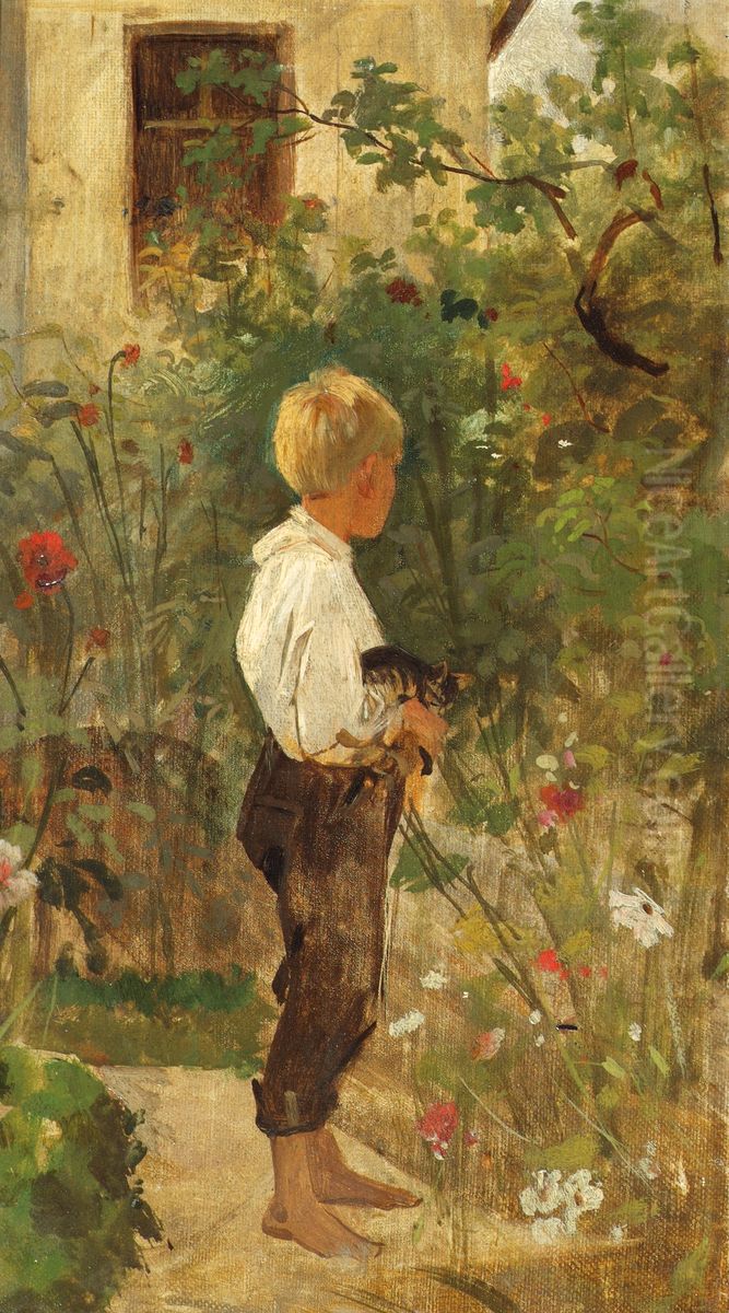Knabe mit Katze im Garten Oil Painting by Joseph Hasslwander