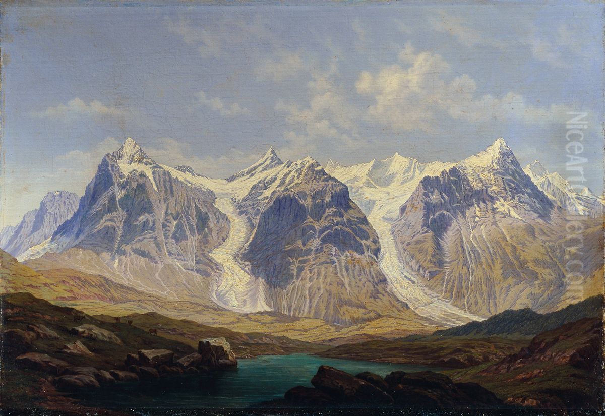 Wetterhorn, Mettenberg und Eiger mit den beiden dazwischenliegenden Grindelwaldgletschern Oil Painting by Johann Michael Sattler