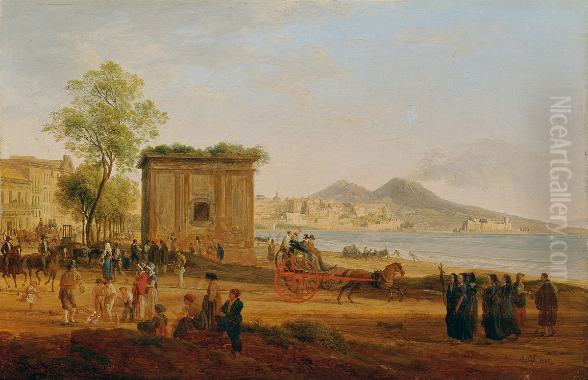 Der Golf von Neapel mit Szenen aus dem Volksleben Oil Painting by Josef Rebell