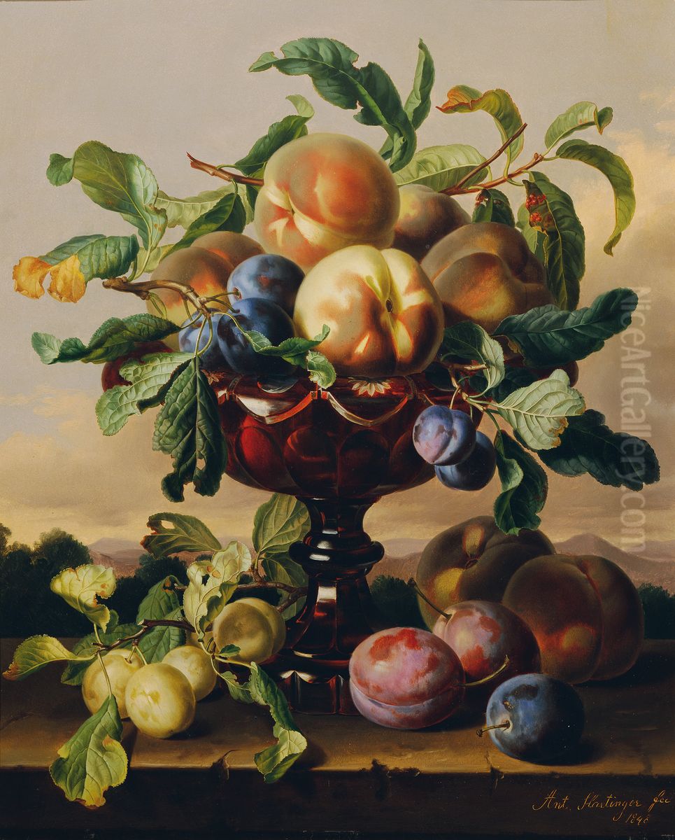 Stillleben mit Pfirsichen und Pflaumen in roter Glasschale Oil Painting by Anton Hartinger