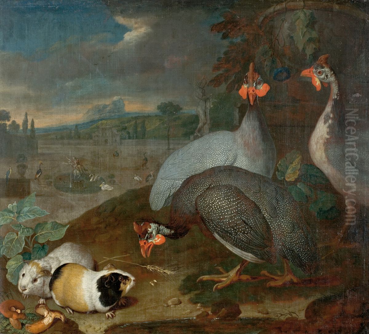Perlhuhner mit Meerschweinchen Oil Painting by Philipp Ferdinand de Hamilton