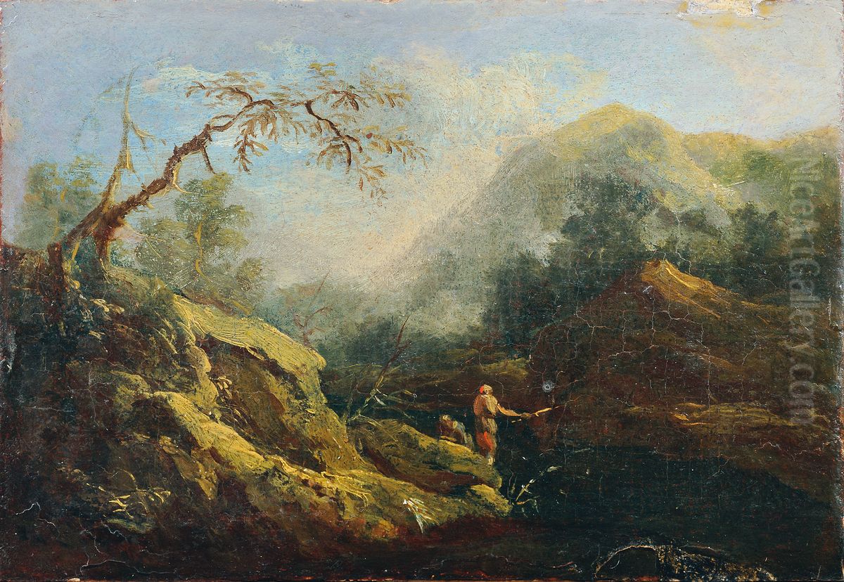 Bergige Landschaft mit Angler Oil Painting by Johann Christian Brand