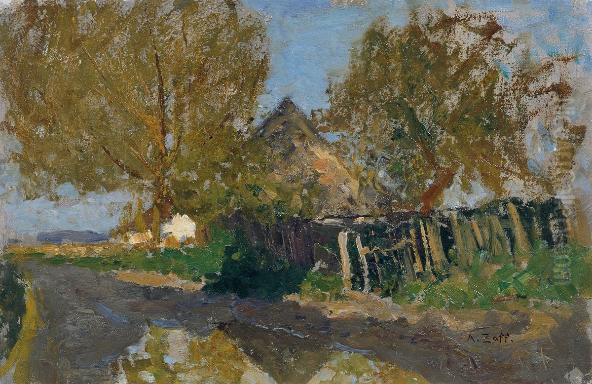 Dorfstrasse mit Gehoft unter Baumen Oil Painting by Alfred Zoff Dorfstrasse mit Gehoft unter Baumen Oil Painting by Alfred Zoff
