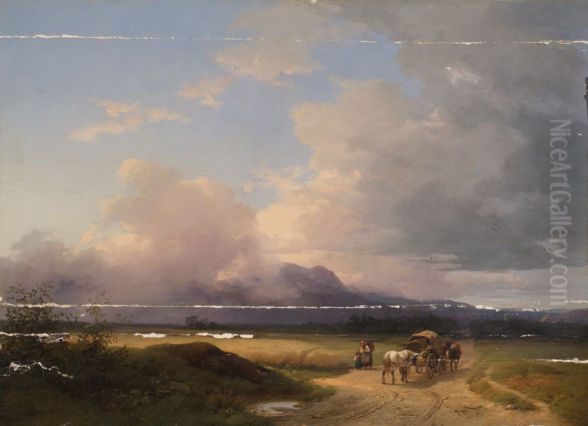 Voralpenlandschaft mit Fuhrwerk auf der Strasse Oil Painting by Ignaz Raffalt