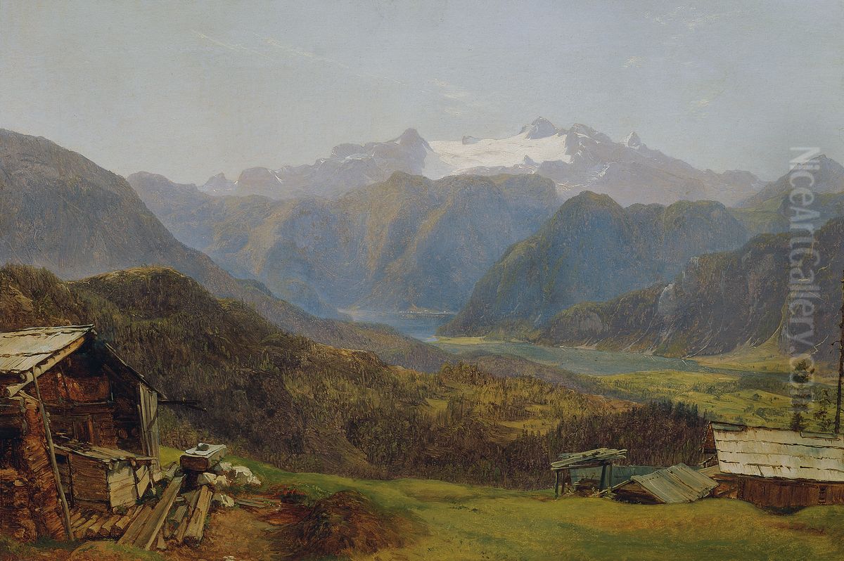 Blick von der Hutteneckalm auf den Hallstatter See und den Dachstein Oil Painting by Friedrich Loos