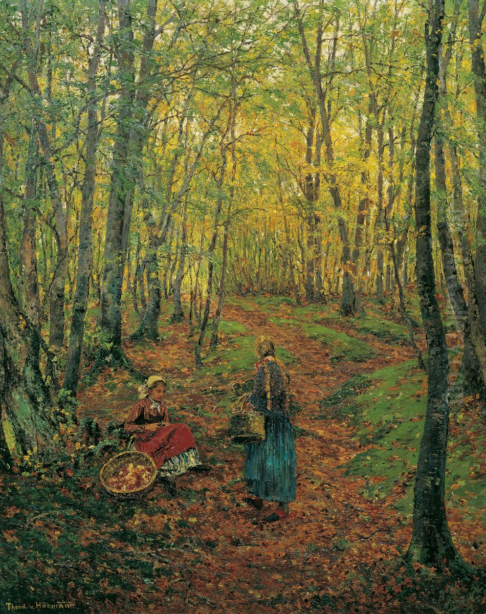Waldinneres mit pilzesuchendem Madchen Oil Painting by Theodor von Hormann