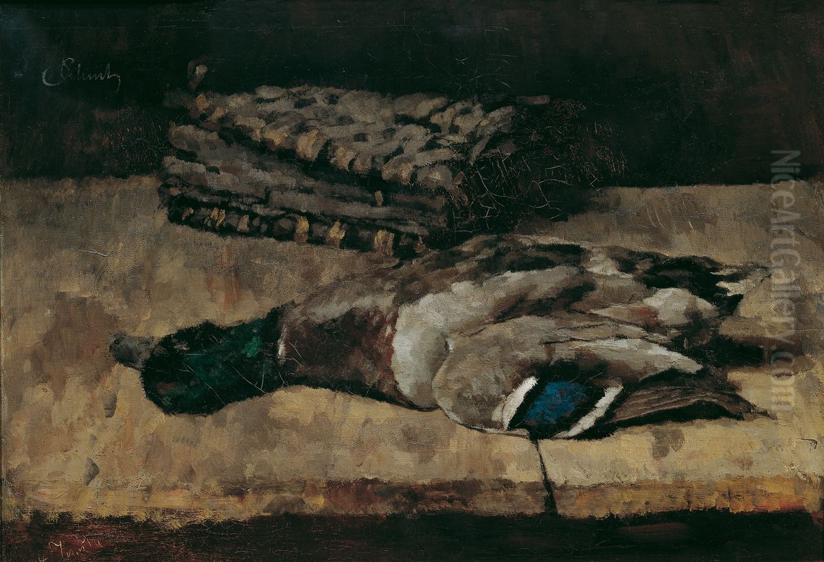 Stillleben mit Wildente und Jagdtasche I Oil Painting by Carl Schuch