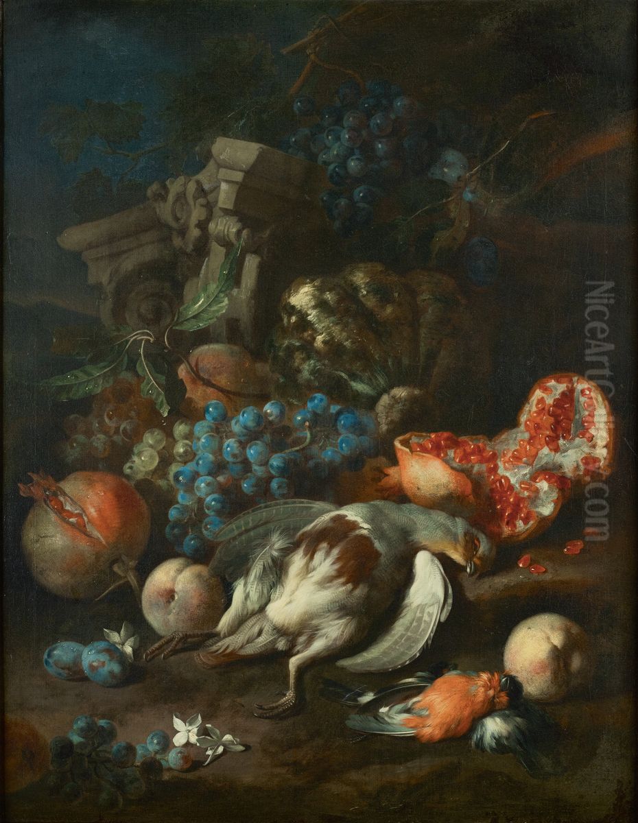 Fruchtestuck mit totem Rebhuhn und Gimpelmannchen Oil Painting by Franz Werner Tamm
