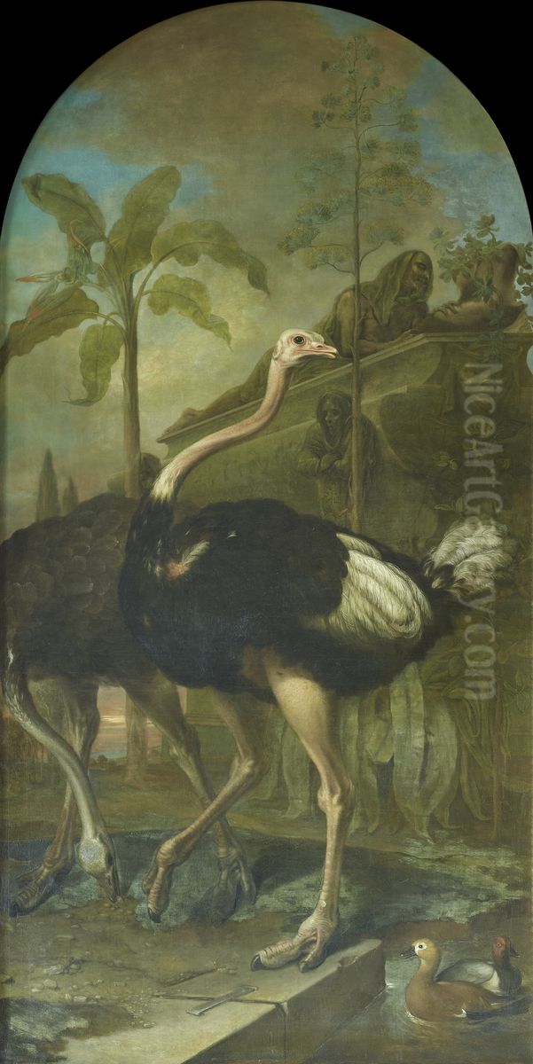 A Pair of Ostriches, a Sarcophagus in the Background Oil Painting by Ignaz Heinitz von Heinzenthal