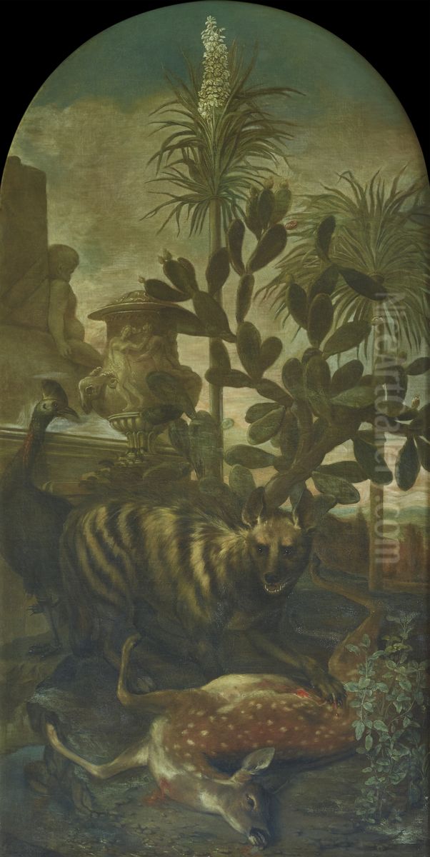 Hyena, Antelope and Cassowary in a Cactus Landscape Oil Painting by Ignaz Heinitz von Heinzenthal