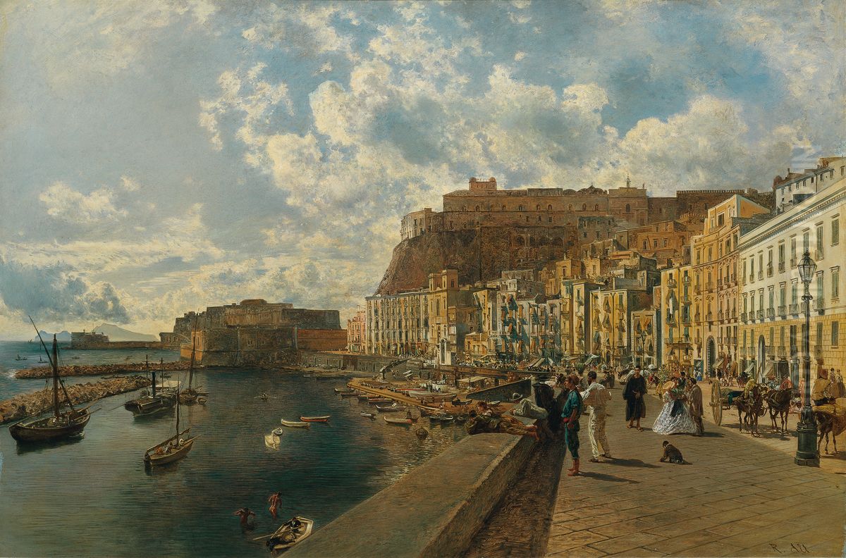 Am Strand von Santa Lucia in Neapel Oil Painting by Rudolf von Alt