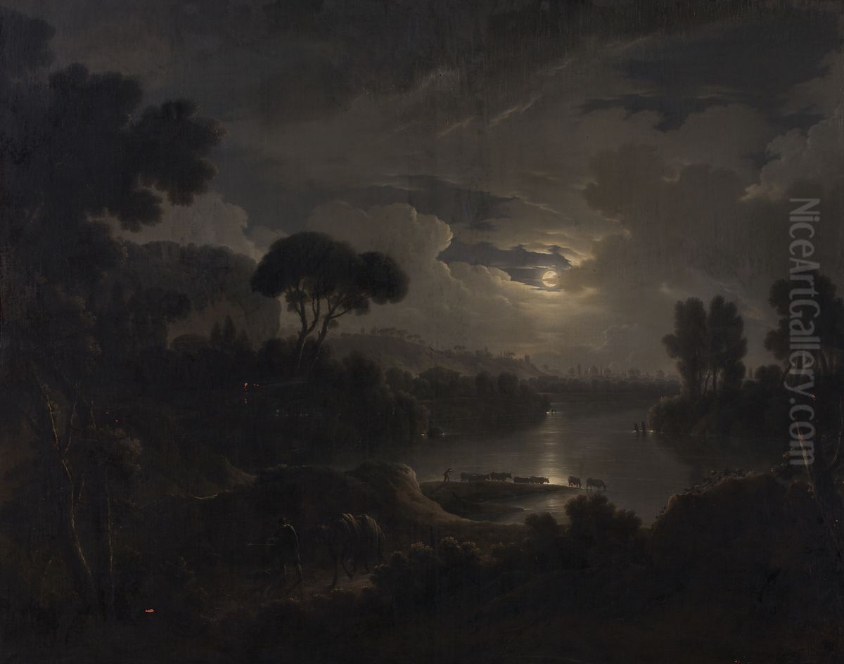 Italienische Ideallandschaft am Abend Oil Painting by Michael Wutky