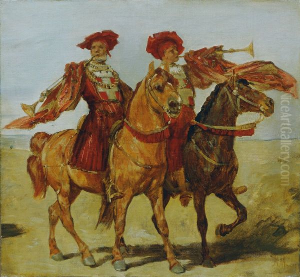 Zwei berittene Fanfarenblaser Oil Painting by Hans Makart