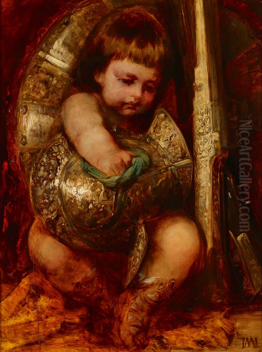 Putto, die Waffen des Mars reinigend Oil Painting by Hans Makart
