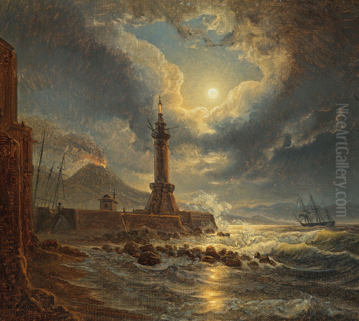 Leuchtturm im Hafen von Neapel bei Mondschein Oil Painting by Josef Rebell