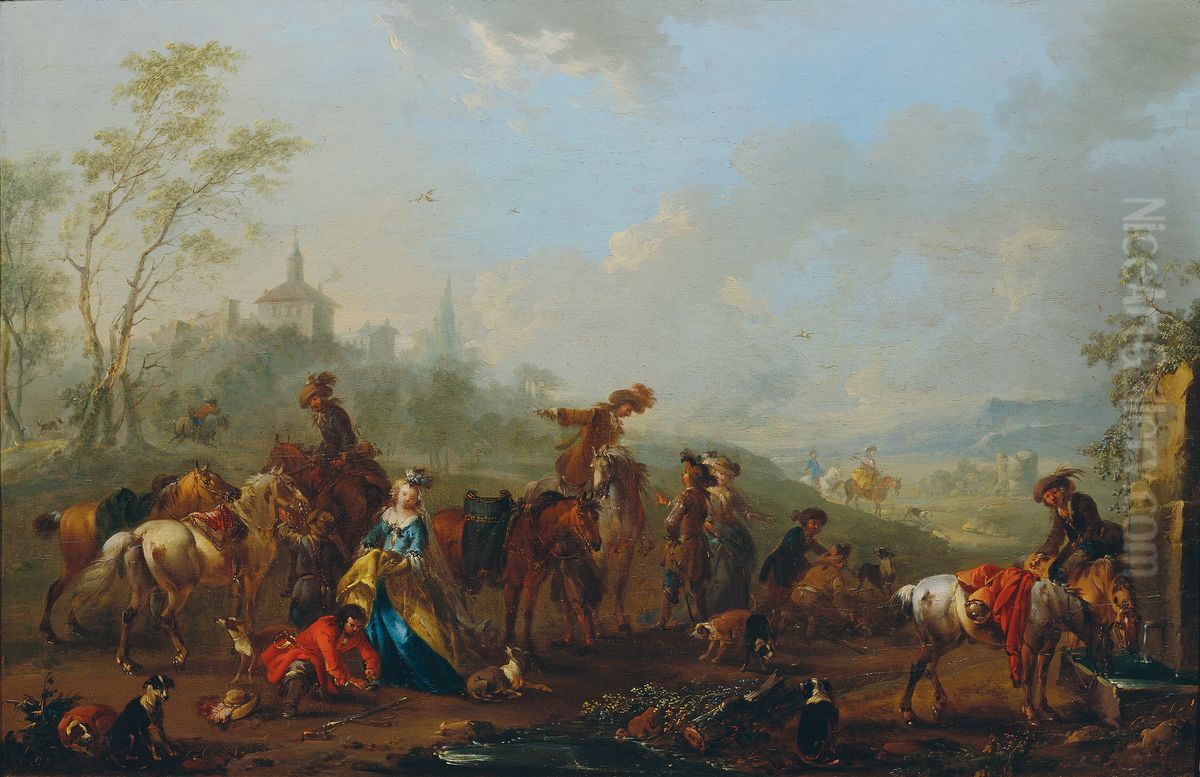 Aufbruch zur Beizjagd Oil Painting by August Querfurt