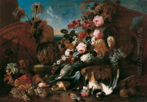 Stillleben mit Blumen, toten Vogeln und Ruinenstucken