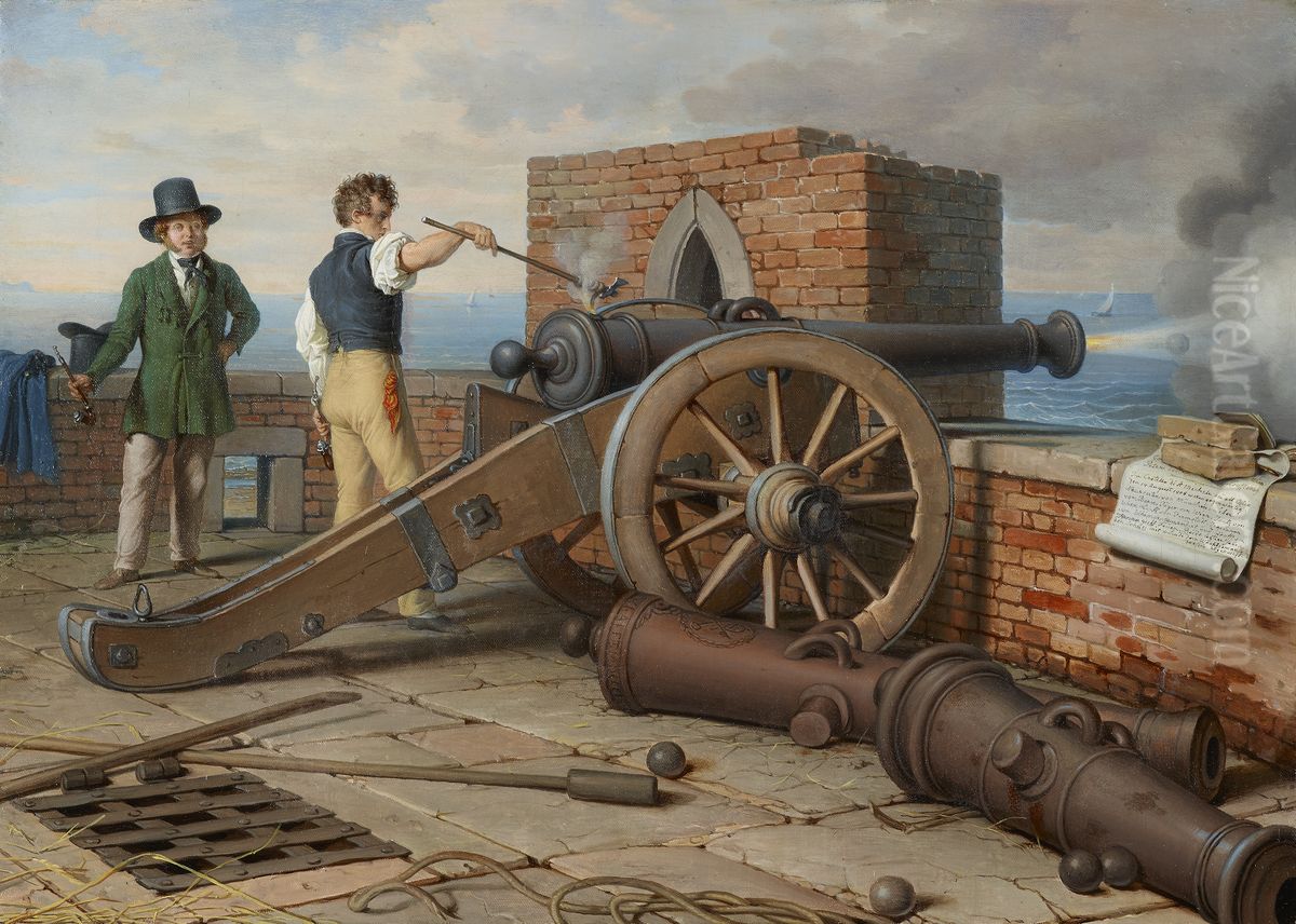 Kunstlerfreunde losen einen Kanonenschuss auf der Festung Michele bei Ostia (Ferdinand Jagemann und Peter Krafft) Oil Painting by Johann Peter Krafft