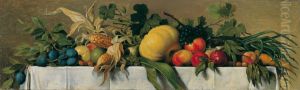 Stillleben mit Obst und Gemuse auf weissem Tischtuch