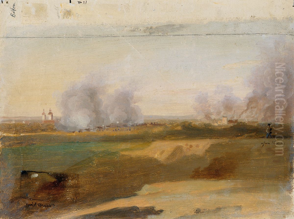 Landschaftsstudie mit brennenden Dorfern im Hintergrund Oil Painting by Johann Peter Krafft