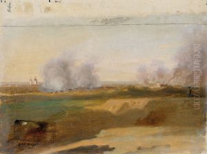 Landschaftsstudie mit brennenden Dorfern im Hintergrund