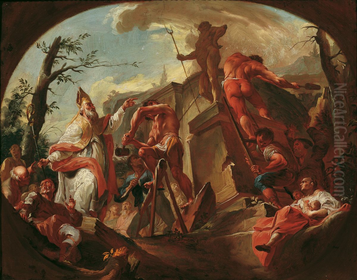 Der heilige Cassian von Imola sturzt die Statue des Pluto auf Saben Oil Painting by Paul Troger