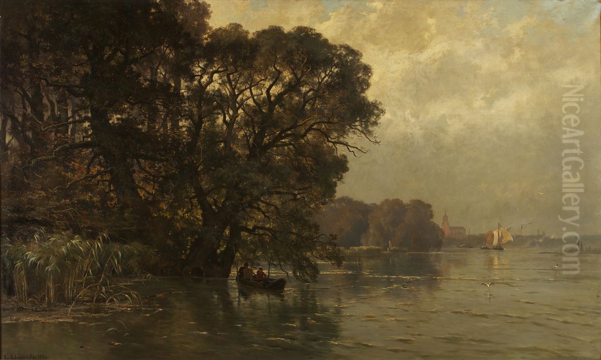 Die Schelde bei Wettern (Belgien) Oil Painting by Edmond De Schampheleer